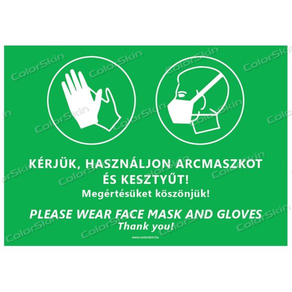 Fekvő formátumú információs tábla -  Maszk és kesztyű két nyelvű