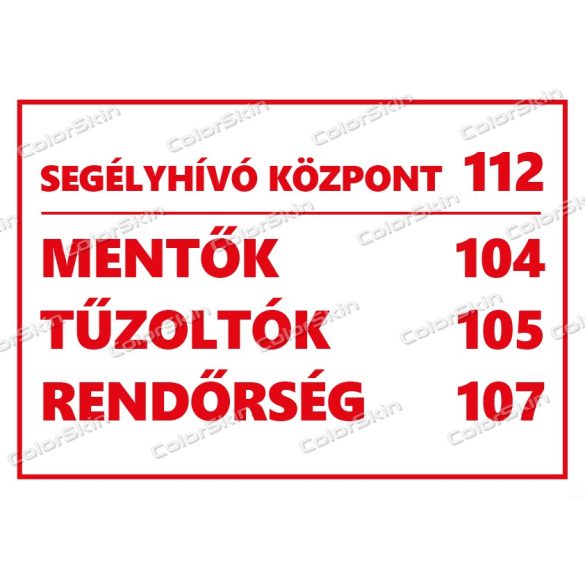Fontos telefonszámok tábla